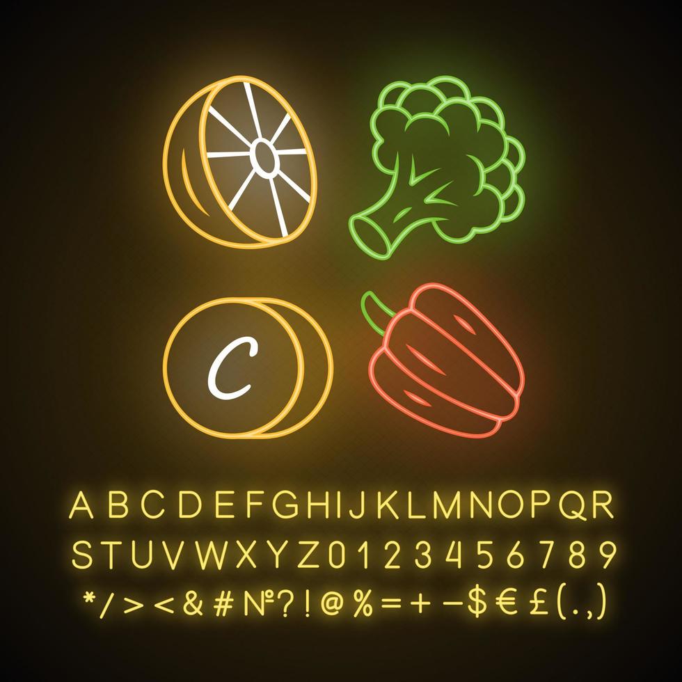 icona della luce al neon di vitamina. limone, broccoli e peperone. mangiare sano. acido ascorbico fonte di cibo naturale. la verdura. segno luminoso con alfabeto, numeri e simboli. illustrazione vettoriale isolato