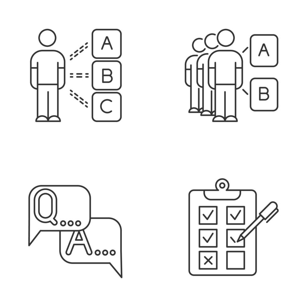 set di icone lineari di indagine. interrogatorio personale. sondaggio di massa. prova di gruppo. segno faq. domanda risposta. lista di controllo scritta. simboli di contorno linea sottile. illustrazioni di contorno vettoriale isolato. tratto modificabile