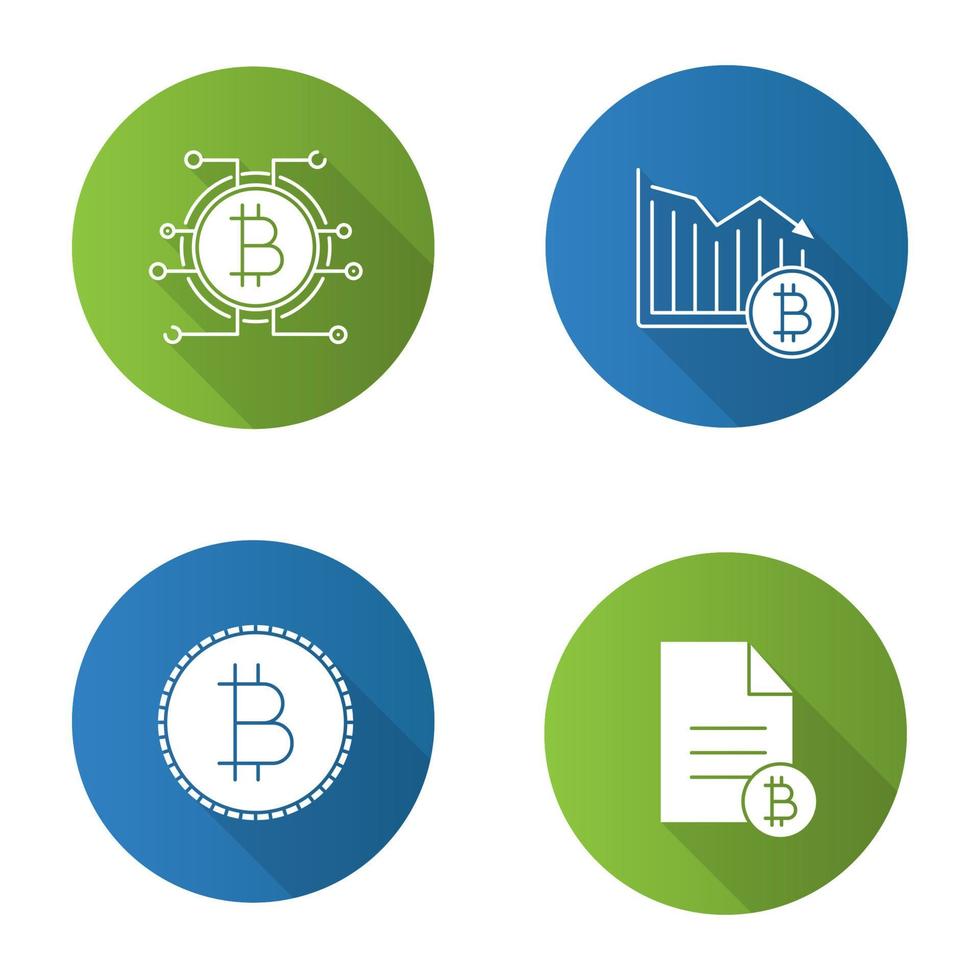 set di icone del glifo con lunga ombra di bitcoin design piatto. documento bitcoin, caduta, pagamento. illustrazione vettoriale silhouette