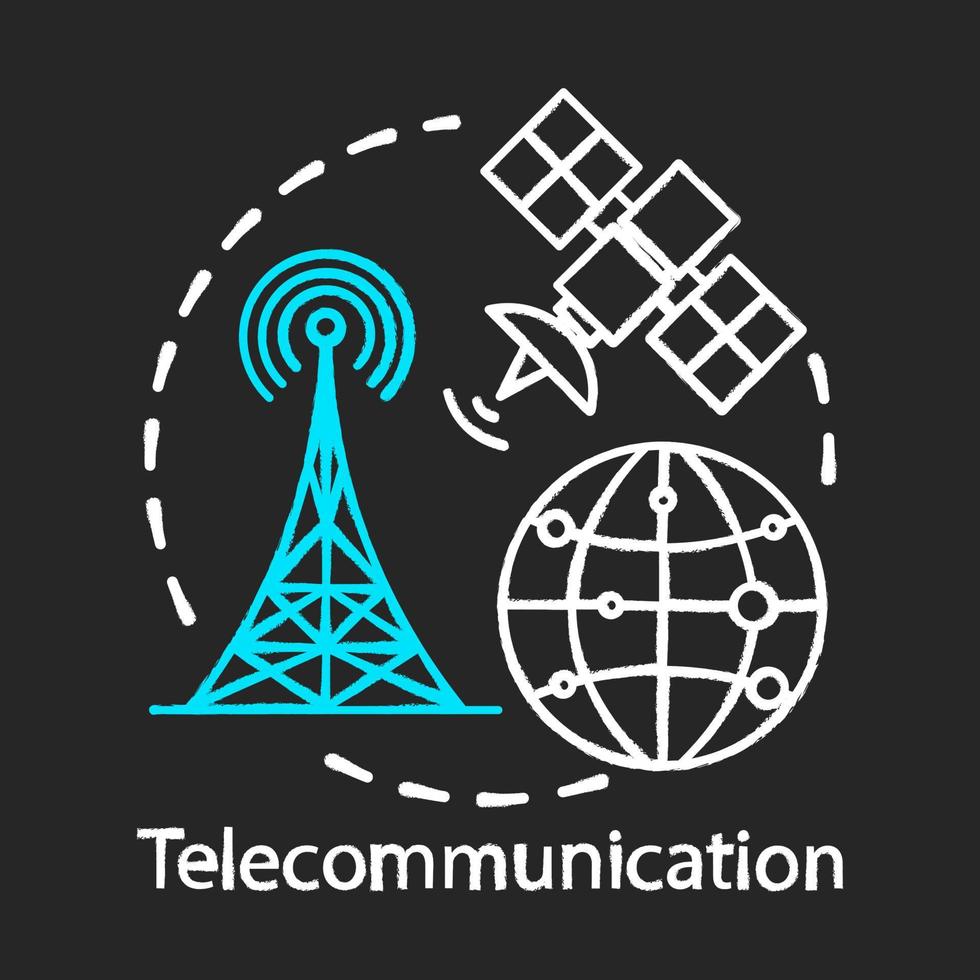 icona del concetto di gesso per telecomunicazioni. rete wireless complessiva. collegamento satellitare. idea di sistema di comunicazione globale. illustrazione vettoriale di lavagna isolata