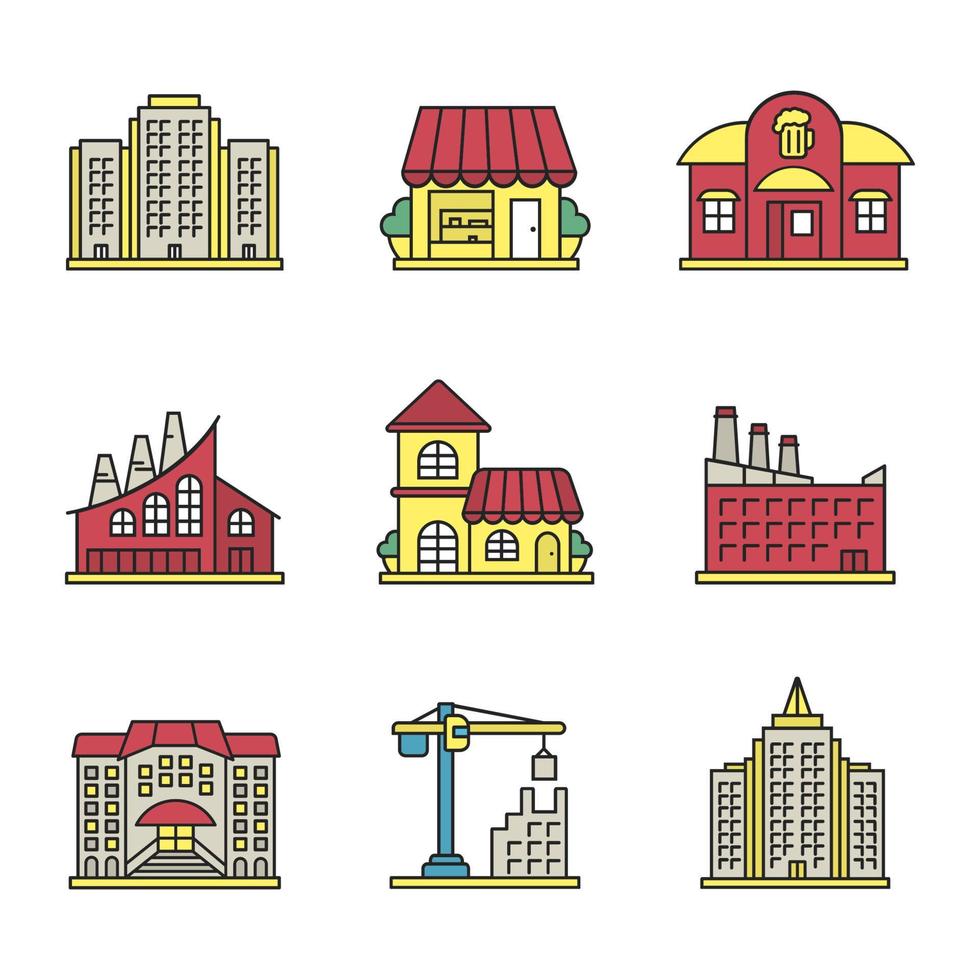 set di icone di colore degli edifici della città. edificio multipiano, negozio, pub, fabbrica industriale, bar, hotel, università, gru a torre, grattacielo. illustrazioni vettoriali isolate