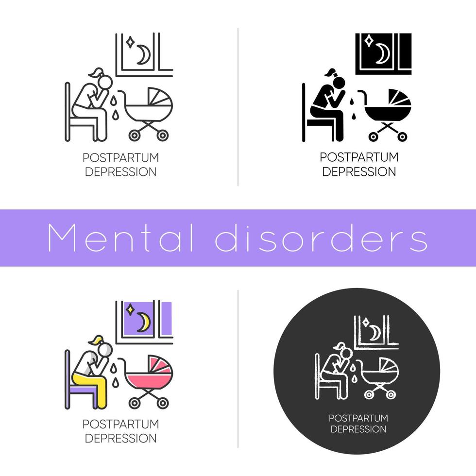 icona di depressione postpartum. donna che piange. stress, ansia. stanchezza, insonnia. madre stanca. problema mentale. ansia postnatale. design piatto, stili lineari e di colore. illustrazioni vettoriali isolate