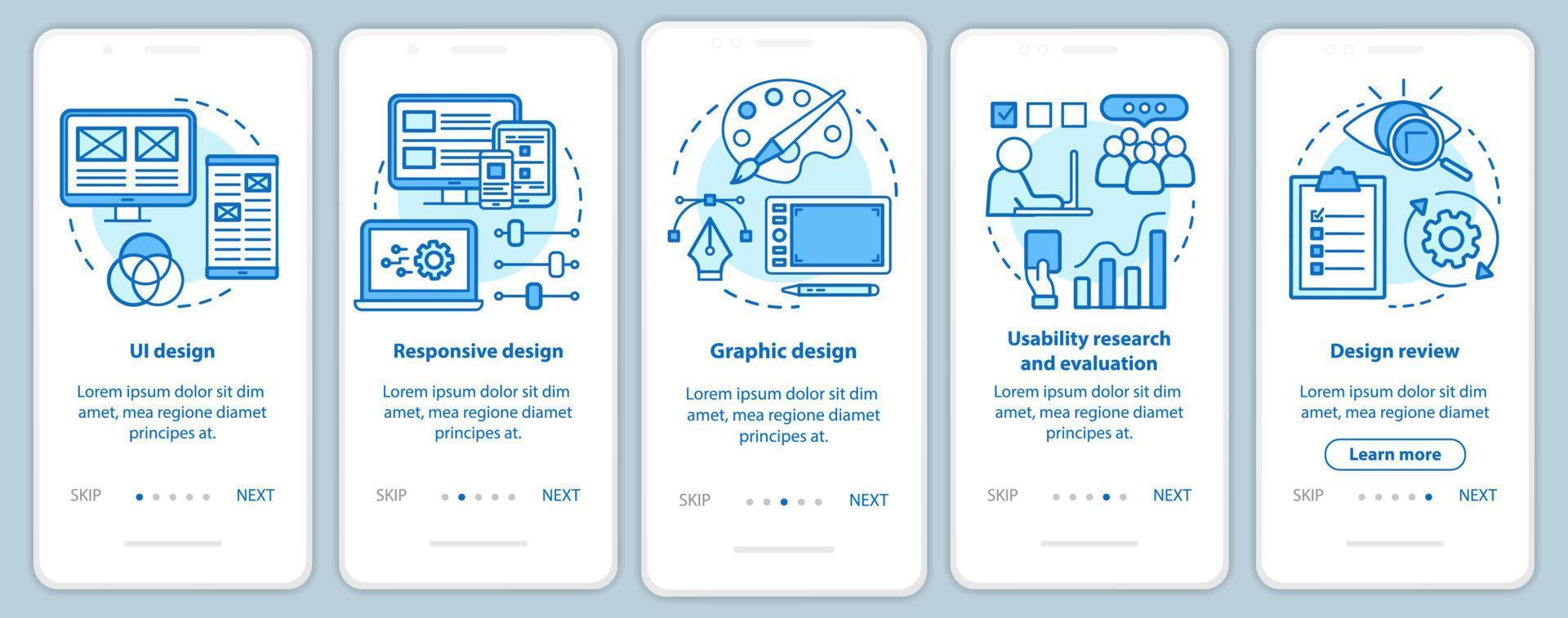 modello di vettore dello schermo della pagina dell'app mobile onboarding dello sviluppo software. programmazione dell'applicazione. procedura dettagliata del sito Web con illustrazioni lineari. ux, ui, gui concetto di interfaccia per smartphone