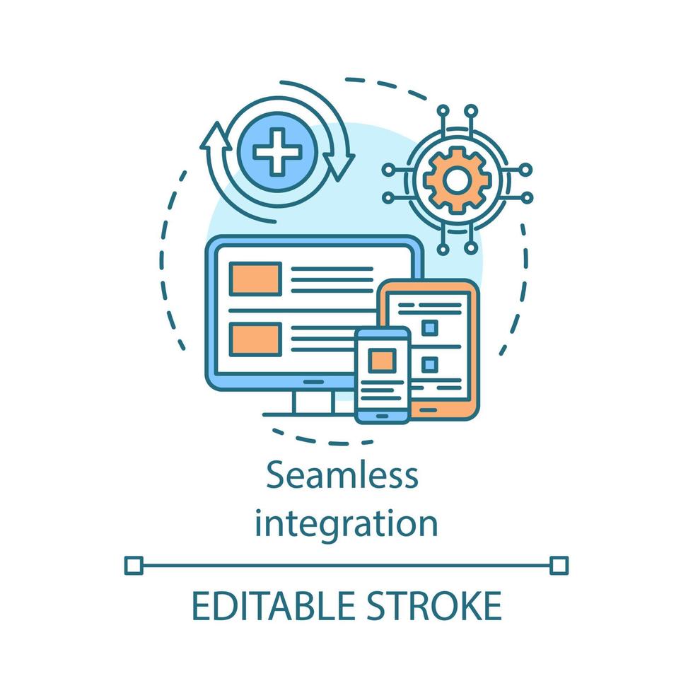 icona del concetto di integrazione senza soluzione di continuità. illustrazione di linea sottile di idea di marketing di riferimento. mmm, social network. sito web reattivo, progettazione di app. disegno vettoriale isolato profilo. tratto modificabile