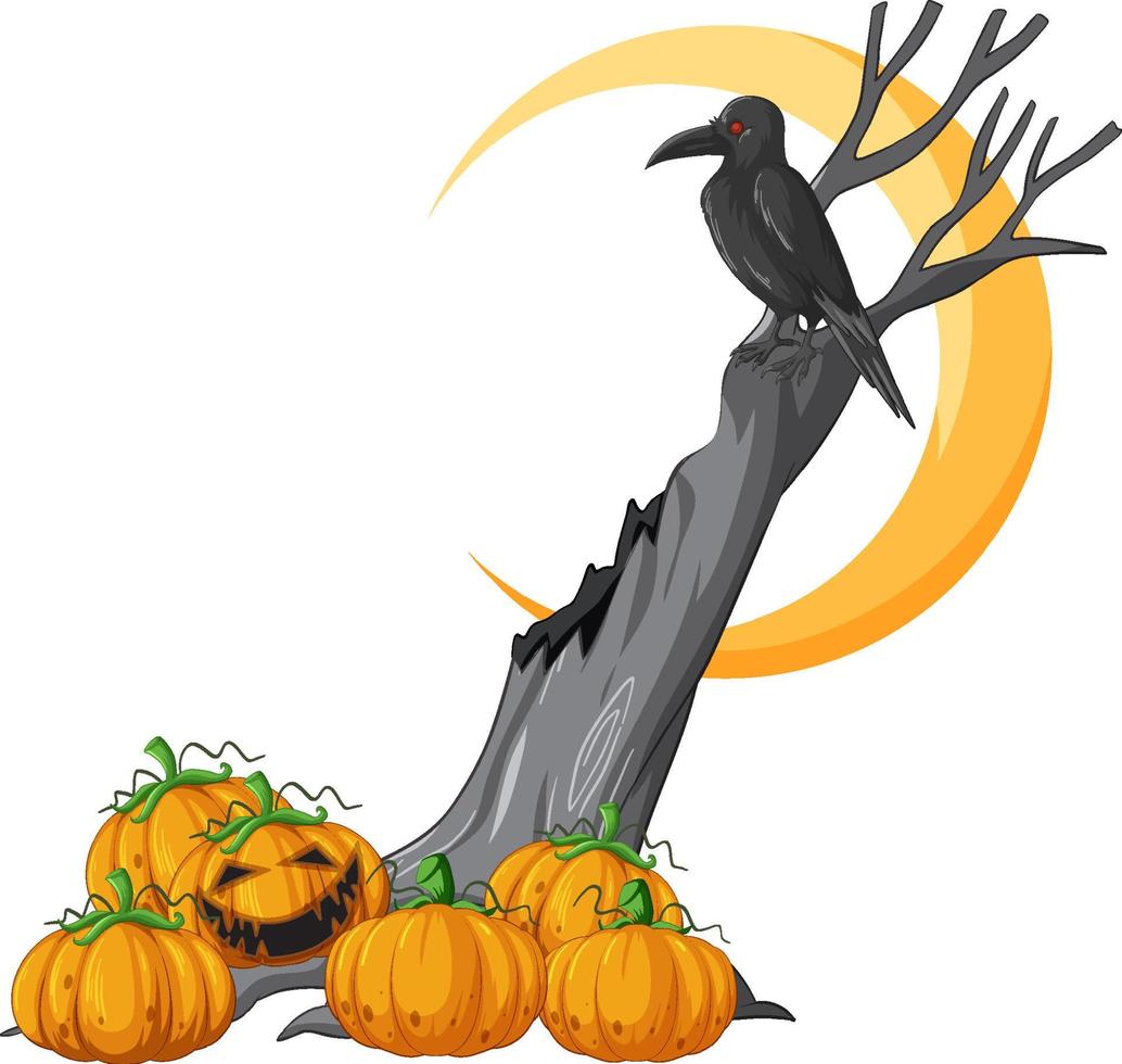 zucca jack o'lantern con corvo su albero morto vettore