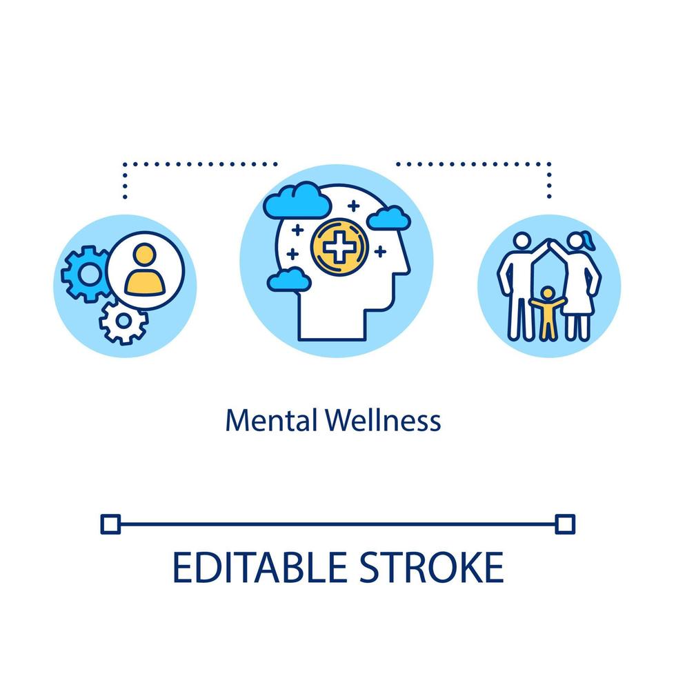 icona del concetto di benessere mentale. illustrazione al tratto sottile idea di salute psicologica. gestione dello stress. pensiero positivo. intelligenza umana. vettore isolato contorno rgb disegno a colori. tratto modificabile