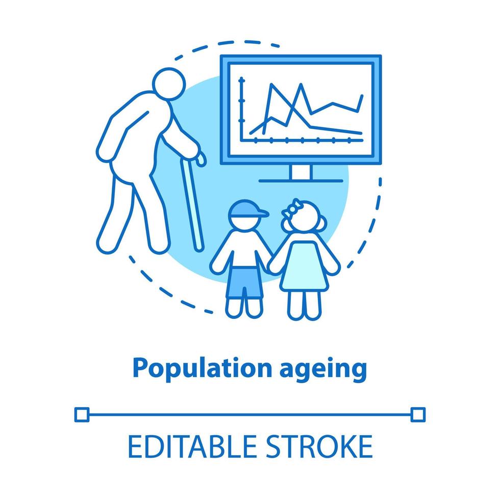 icona del concetto di invecchiamento della popolazione. numero di persone anziane in aumento sull'illustrazione al tratto sottile dell'idea del pianeta. problemi demografici con mancanza di giovani. disegno vettoriale isolato profilo. tratto modificabile