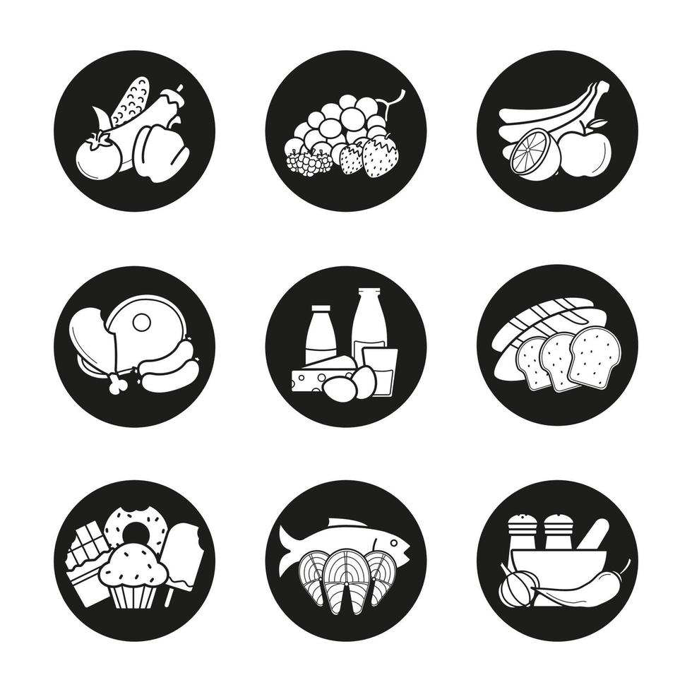 Set di icone di categorie di prodotti del negozio di alimentari. verdura, frutta, bacche, carne, latticini e cereali, dolciumi, frutti di mare, spezie. illustrazioni vettoriali di sagome bianche in cerchi neri