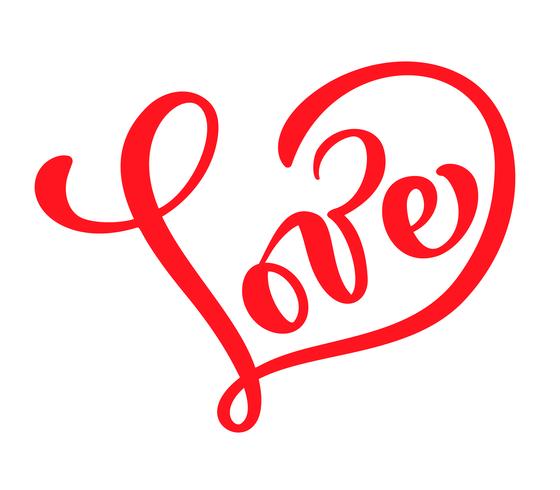 Parola di calligrafia rossa amore. Iscrizione disegnata a mano di giorno di San Valentino di vettore. Cartolina di San Valentino cuore Holiday Design. amo l&#39;arredamento per il web, il matrimonio e la stampa. Illustrazione isolato vettore