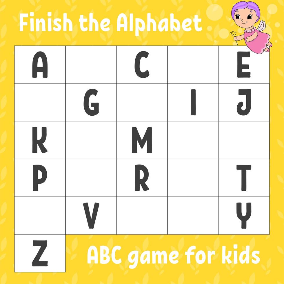 finire l'alfabeto. gioco abc per bambini. foglio di lavoro per lo sviluppo dell'istruzione. gioco di apprendimento per bambini. pagina attività a colori. vettore