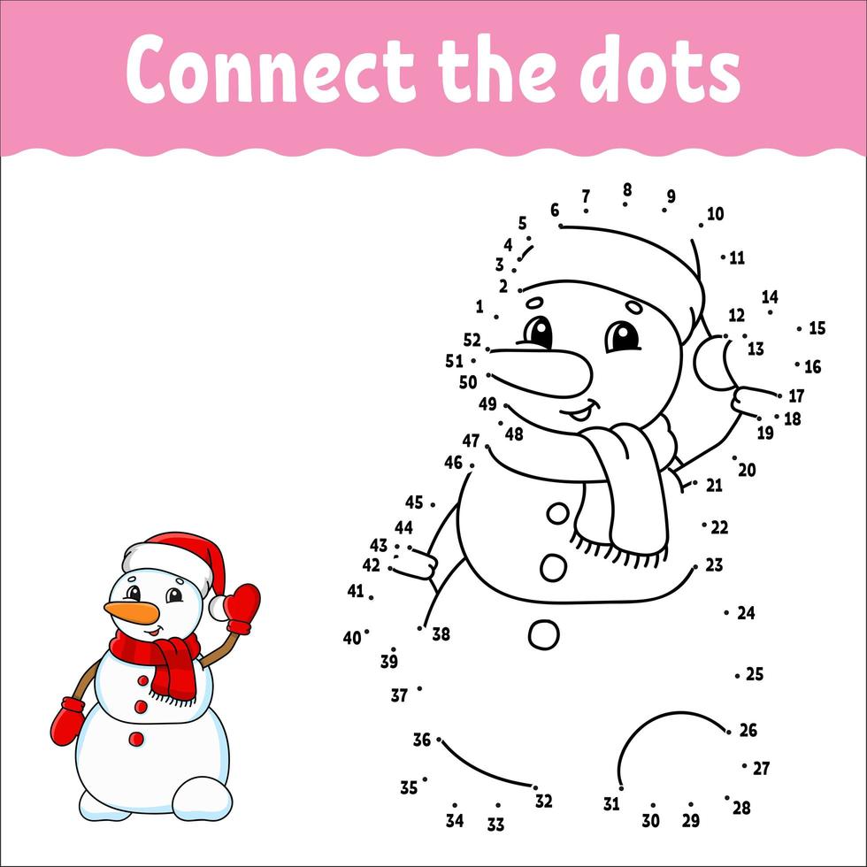 gioco punto per punto. disegna una linea. pupazzo di neve di natale. per bambini. scheda attività. libro da colorare. con risposta. personaggio dei cartoni animati. vettore