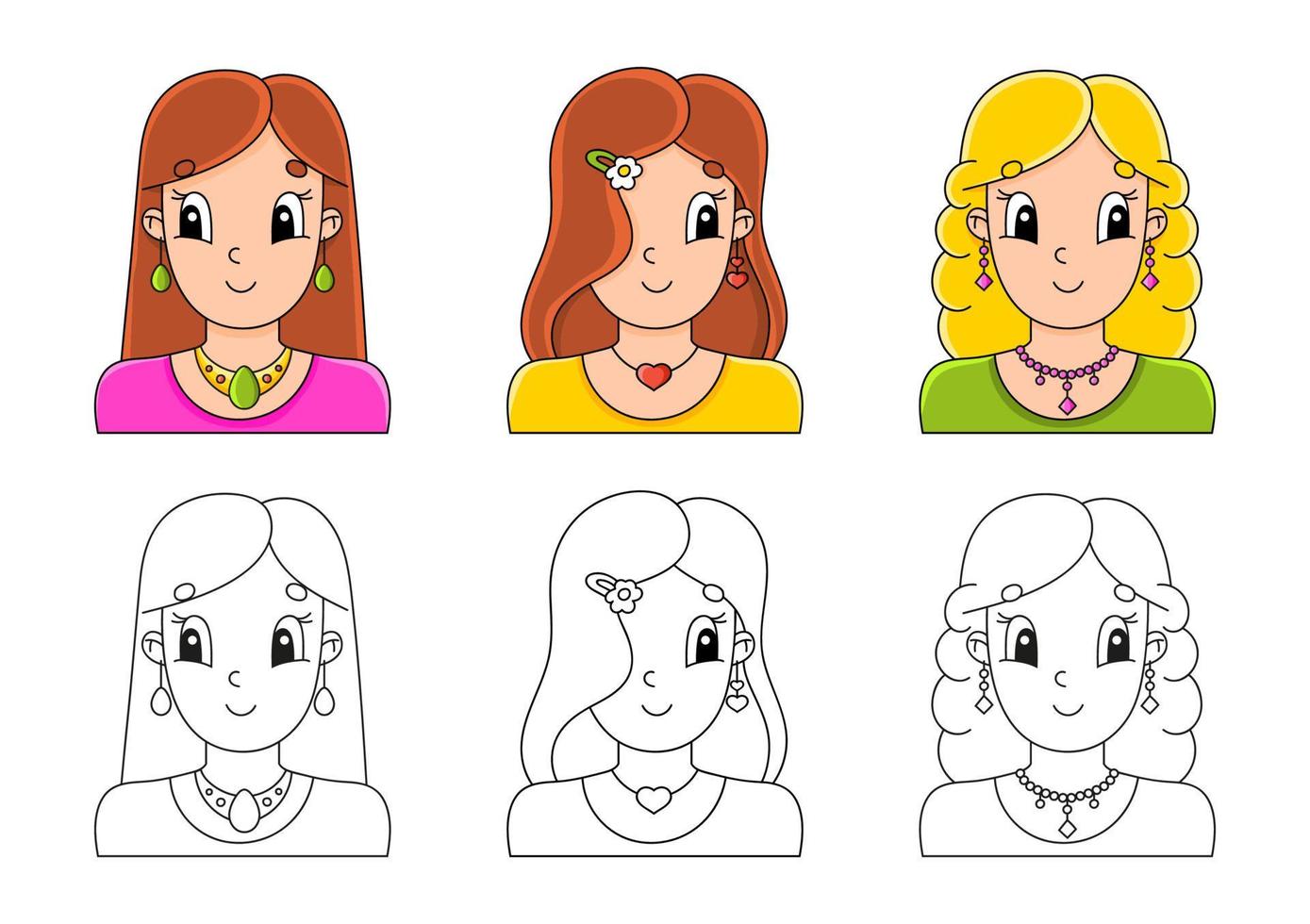 impostare la pagina da colorare per i bambini. simpatici personaggi dei cartoni animati. tratto nero. con campione. illustrazione vettoriale. vettore