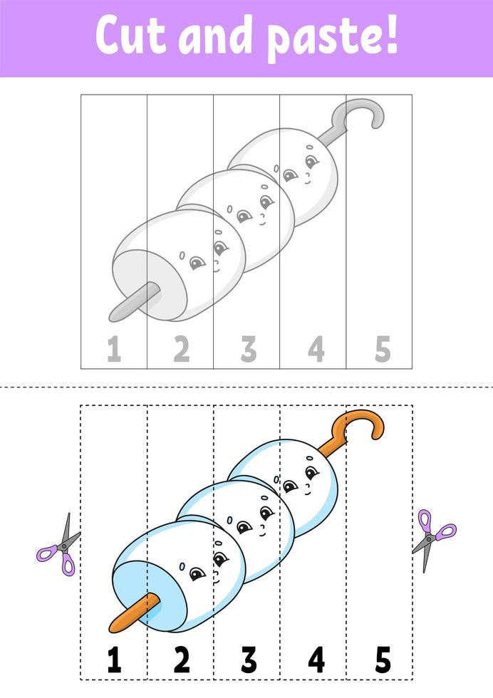 imparare i numeri 1-5. tagliare e incollare. personaggio dei cartoni animati. foglio di lavoro per lo sviluppo dell'istruzione. gioco per bambini. pagina delle attività. illustrazione vettoriale isolato di colore.