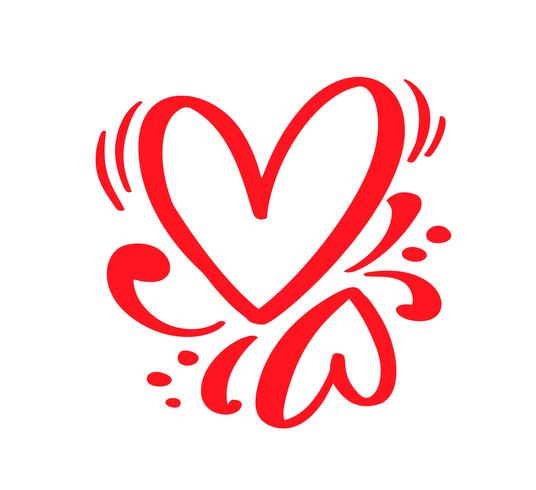 Cuori calligrafici disegnati a mano di giorno di biglietti di S. Valentino di vettore rosso delle coppie due. San Valentino di elemento di design di vacanza. Icona love decor per web, matrimonio e stampa. Illustrazione di lettering calligrafia isolato