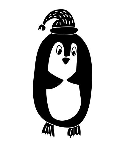 Tiraggio della mano Illustrazione vettoriale di divertente pinguino in cappello lavorato a maglia. Lo stile scandinavo della cartolina d&#39;auguri isolato natale