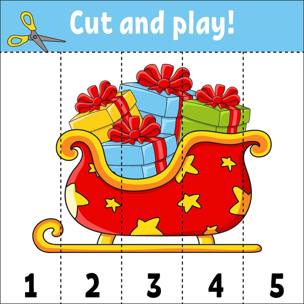 imparare i numeri 1-5. taglia e gioca. slitta di natale. foglio di lavoro educativo. gioco per bambini. pagina attività a colori. puzzle per bambini. indovinello per la scuola materna. illustrazione vettoriale. stile cartone animato. vettore