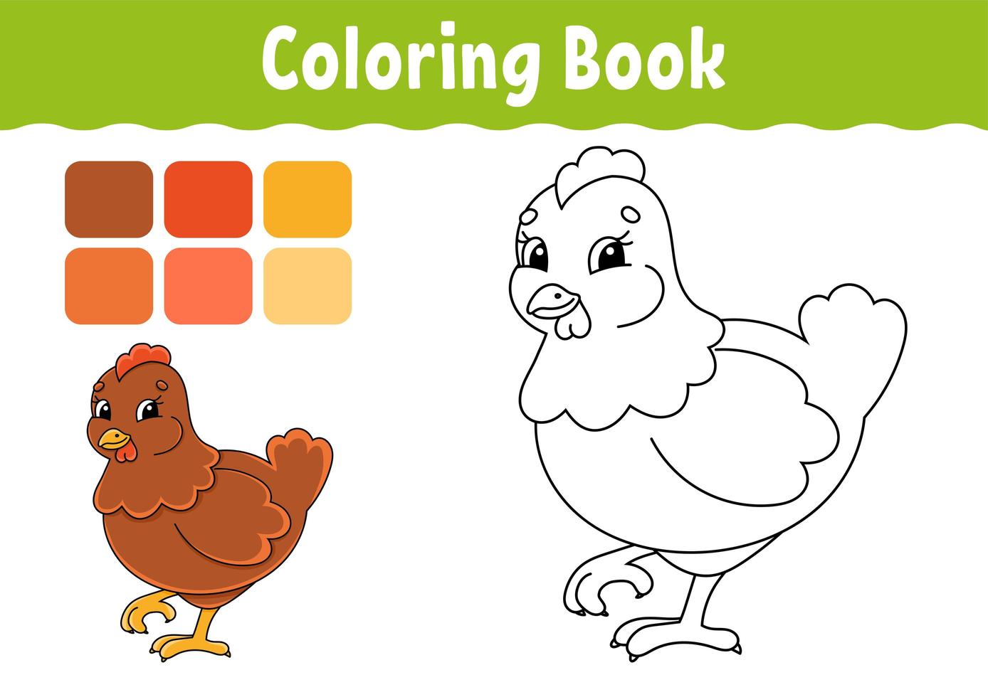 libro da colorare per bambini. adorabile gallina. carattere allegro. illustrazione vettoriale. stile cartone animato carino. pagina di fantasia per bambini. sagoma di contorno nero. isolato su sfondo bianco. vettore