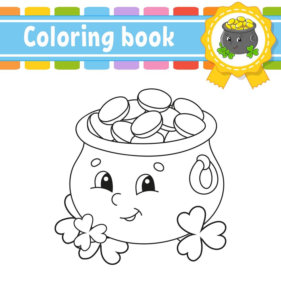 libro da colorare per bambini. carattere allegro. pentola d'oro. illustrazione vettoriale. stile cartone animato carino. ns. giorno di patrizio. sagoma di contorno nero. isolato su sfondo bianco. vettore