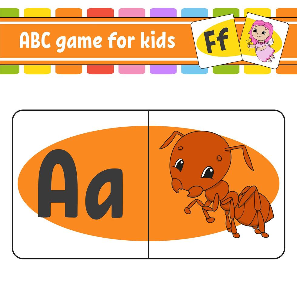 schede flash abc. alfabeto per bambini. formica insetto. lettere di apprendimento. foglio di lavoro educativo. pagina delle attività per lo studio dell'inglese. gioco di colori per bambini. illustrazione vettoriale isolato. stile cartone animato.