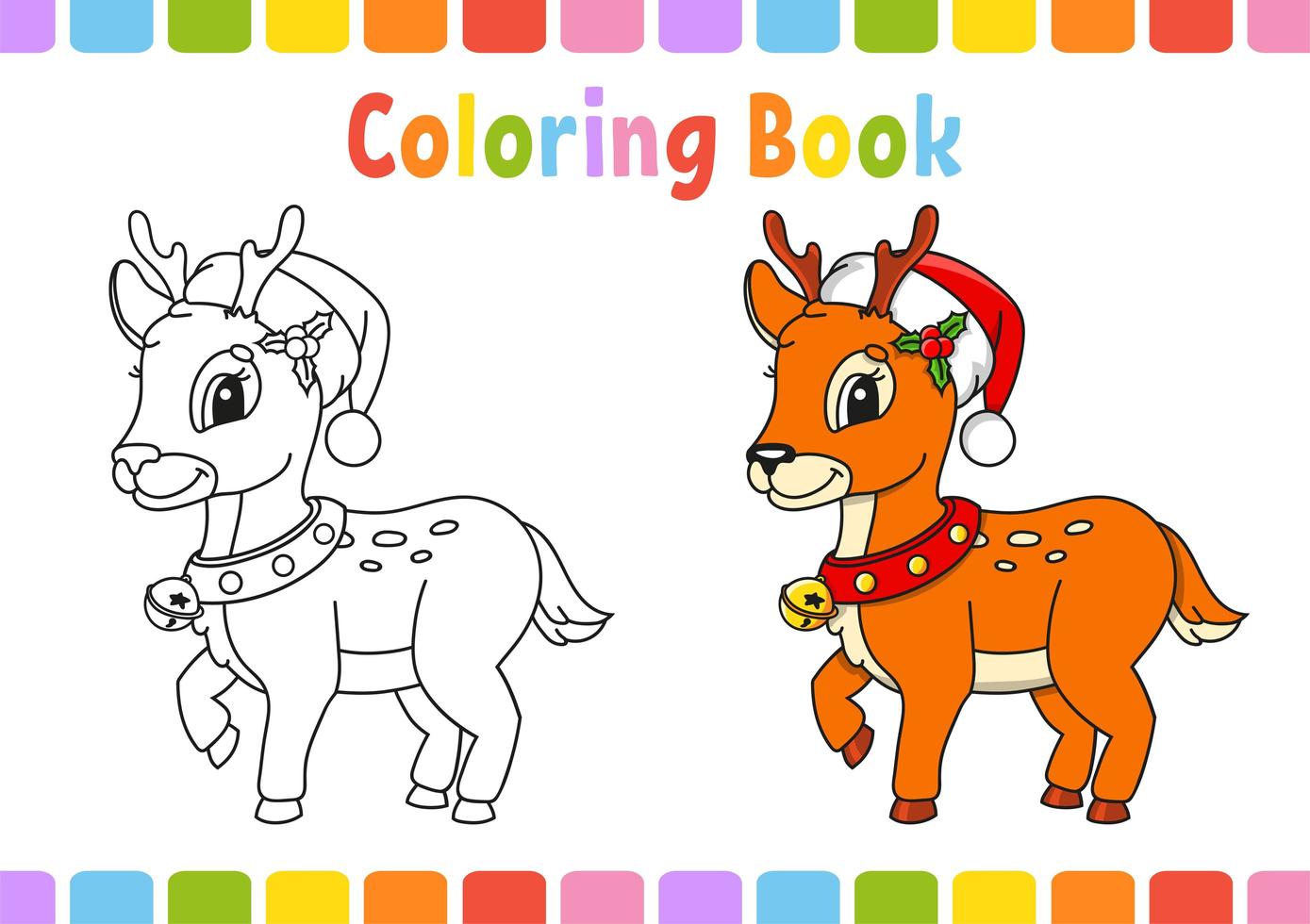 cervo di natale. libro da colorare per bambini. carattere allegro. illustrazione vettoriale. stile cartone animato carino. pagina di fantasia per bambini. sagoma di contorno nero. isolato su sfondo bianco. vettore