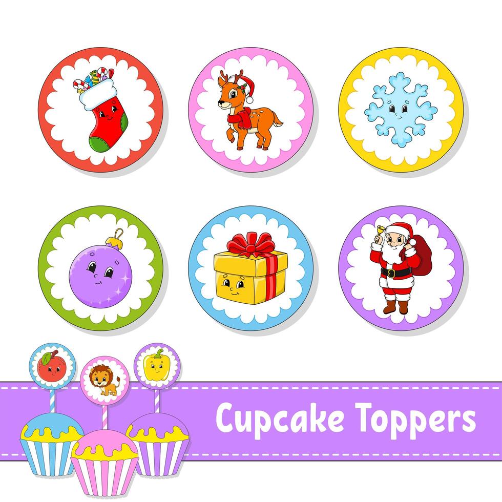 toppers per cupcake. set di sei immagini rotonde. tema natalizio. personaggi dei cartoni animati. immagine carina. per compleanni, feste, baby shower. vettore