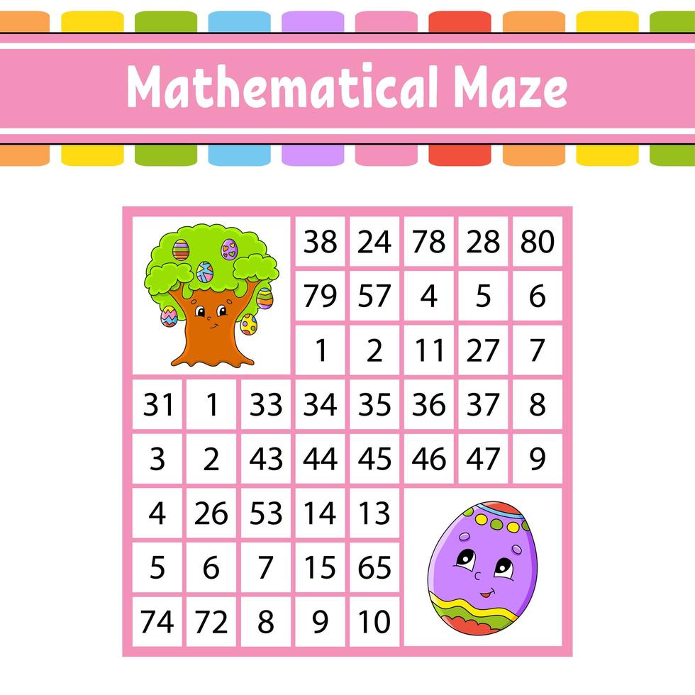 labirinto matematico. gioco per bambini. labirinto di numeri foglio di lavoro per lo sviluppo dell'istruzione. pagina delle attività. puzzle per bambini. personaggi dei cartoni animati. tema pasquale. illustrazione vettoriale a colori