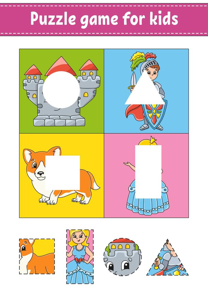 gioco di puzzle per bambini. taglia e incolla. pratica di taglio forme di apprendimento. foglio di lavoro educativo. cerchio, quadrato, rettangolo, triangolo. pagina di attività.personaggio dei cartoni animati. vettore