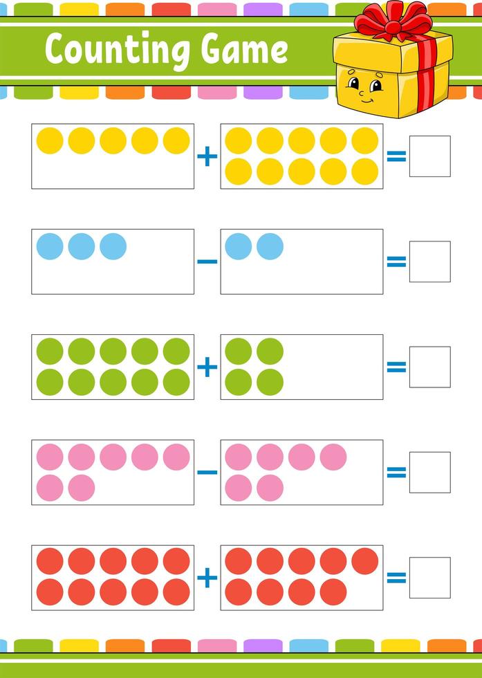 addizione e sottrazione. compito per i bambini. foglio di lavoro per lo sviluppo dell'istruzione. pagina di attività a colori. gioco per bambini. personaggio divertente. illustrazione vettoriale isolato. stile cartone animato.