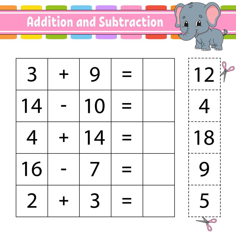 addizione e sottrazione. compito per i bambini. foglio di lavoro per lo sviluppo dell'istruzione. pagina delle attività. gioco per bambini. personaggio divertente. illustrazione vettoriale isolato. stile cartone animato.