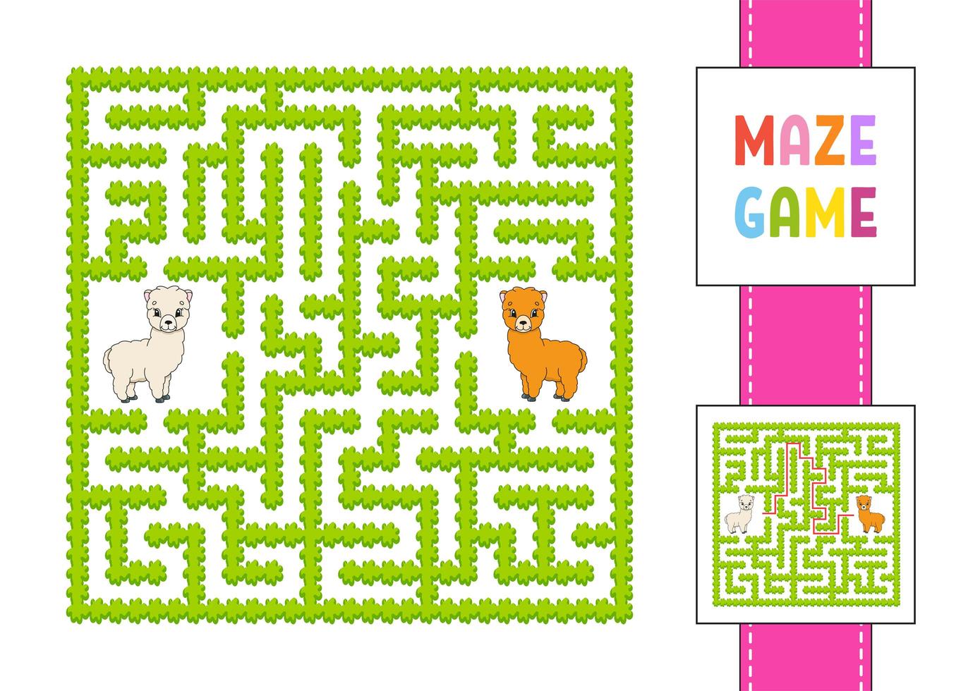 labirinto quadrato divertente. gioco per bambini. alpaca animale. puzzle per bambini. enigma labirinto con carattere. illustrazione vettoriale a colori. trovare la strada giusta. con risposta.