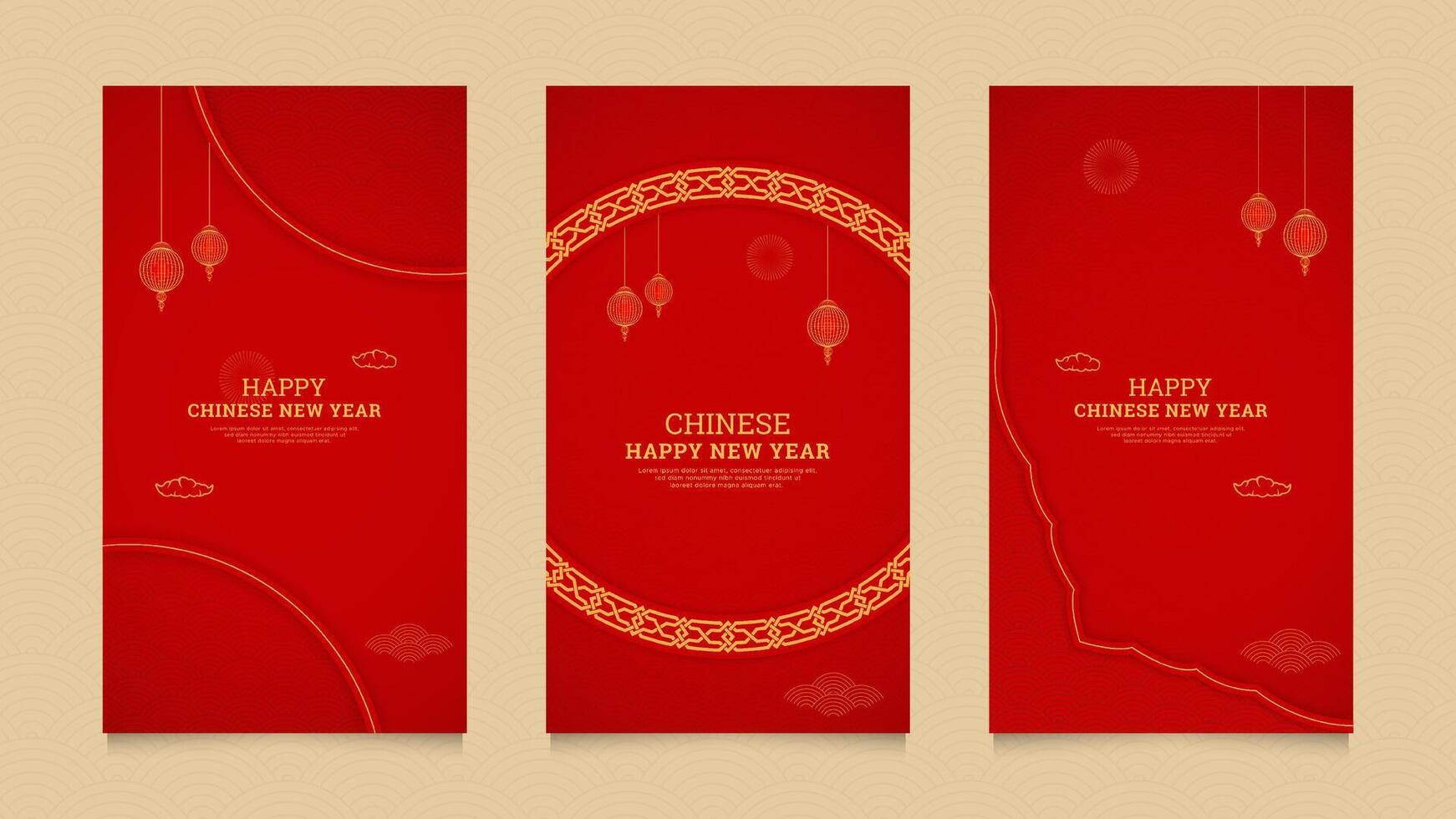 Cinese nuovo anno sociale media storie collezione modello con Cinese modello spazzole confine e Cinese stile lanterne vettore
