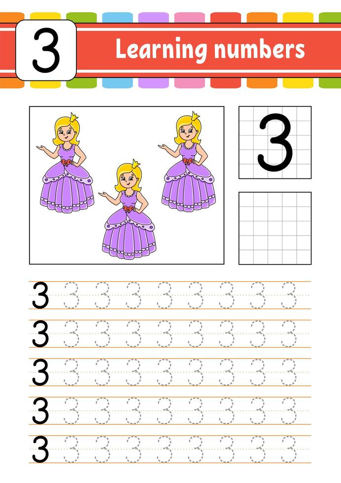 traccia e scrivi. pratica della scrittura a mano. imparare i numeri per i bambini. foglio di lavoro per lo sviluppo dell'istruzione. pagina delle attività. illustrazione vettoriale isolato in stile cartone animato carino.