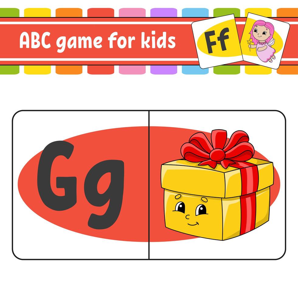 schede flash abc. alfabeto per bambini. lettere di apprendimento. foglio di lavoro educativo. pagina delle attività per lo studio dell'inglese. gioco di colori per bambini. illustrazione vettoriale isolato. stile cartone animato.