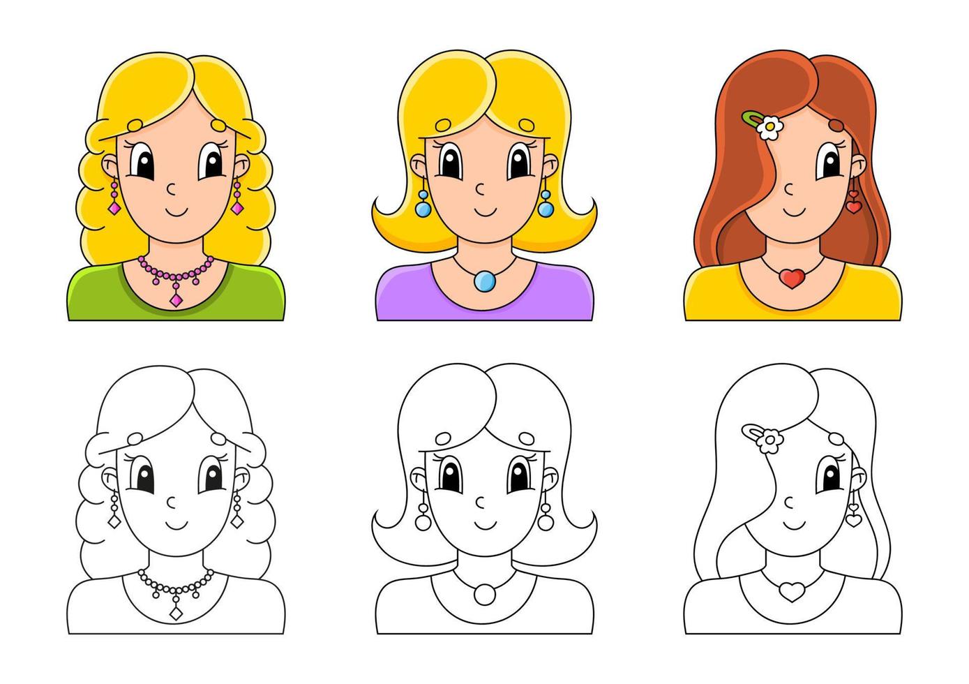 impostare la pagina da colorare per i bambini. simpatici personaggi dei cartoni animati. tratto nero. con campione. illustrazione vettoriale. vettore