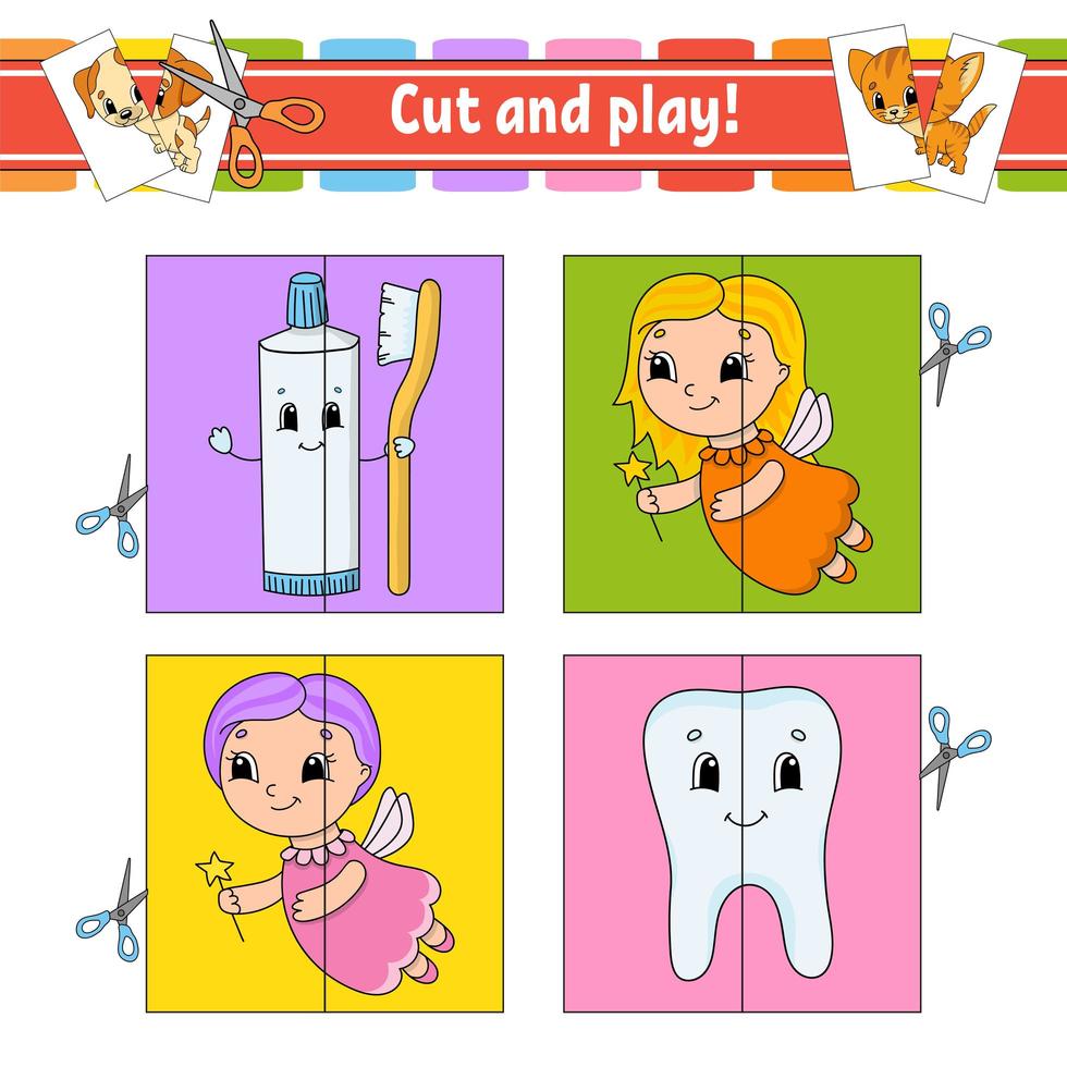 taglia e gioca. schede flash. puzzle di colore. dente, dentifricio, fata. foglio di lavoro per lo sviluppo dell'istruzione. pagina delle attività. gioco per bambini. personaggio divertente. illustrazione vettoriale isolato. stile cartone animato.