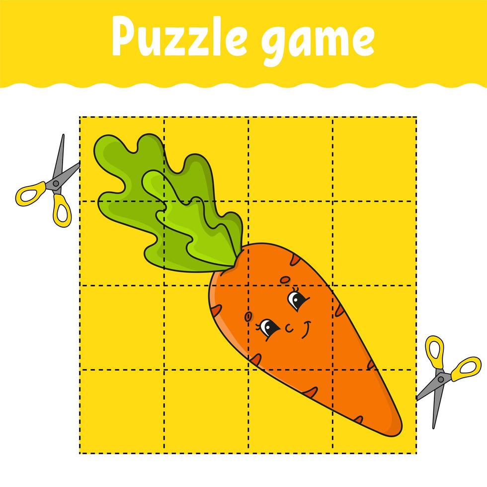 gioco di puzzle per bambini. foglio di lavoro per lo sviluppo dell'istruzione. gioco di apprendimento per i bambini. carota vegetale. pagina attività a colori. indovinello per la scuola materna. illustrazione vettoriale isolato in stile cartone animato.