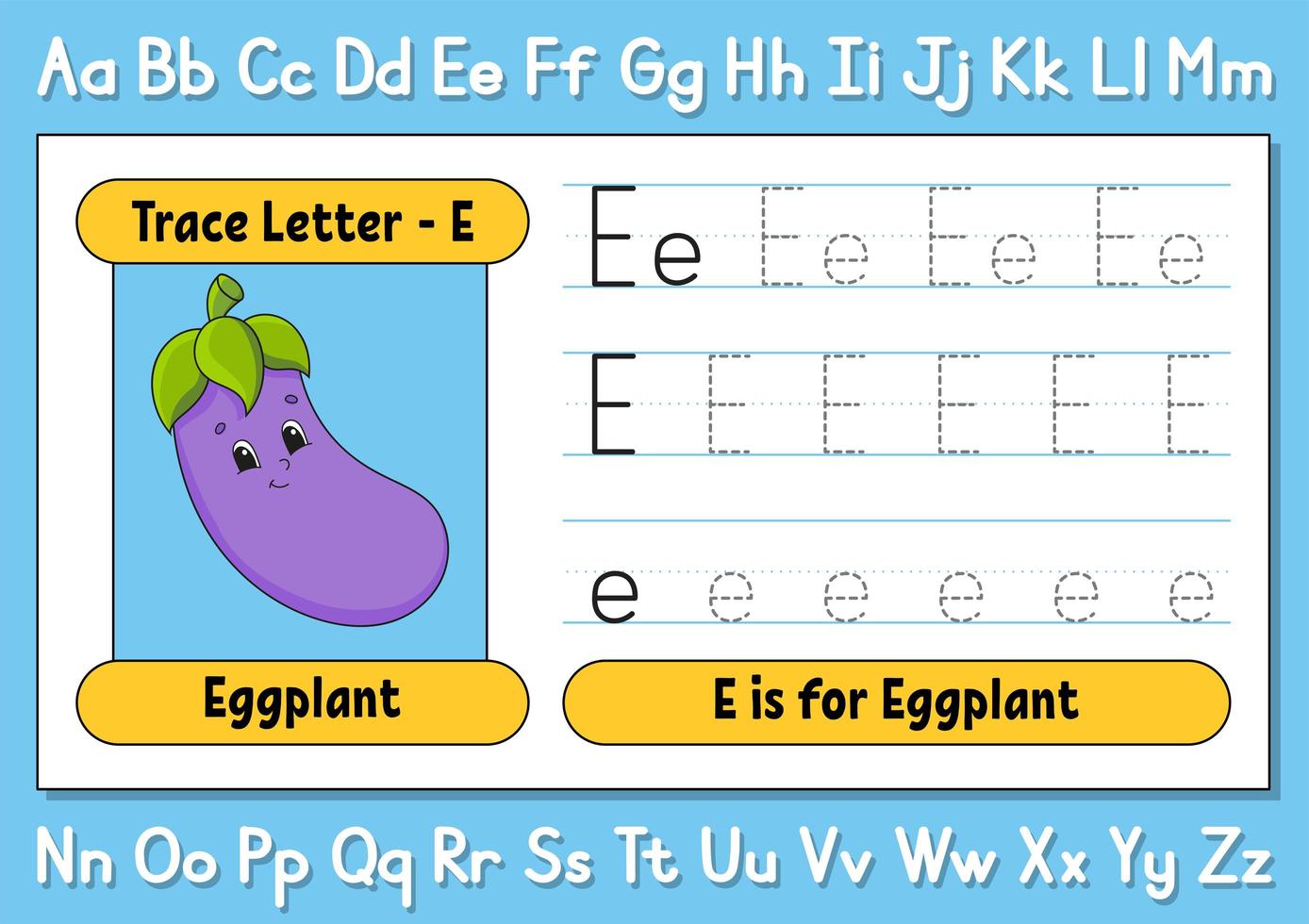 lettere traccia. Pratica di scrittura. foglio di lavoro di tracciamento per bambini. imparare l'alfabeto. simpatico personaggio. illustrazione vettoriale. stile cartone animato. vettore