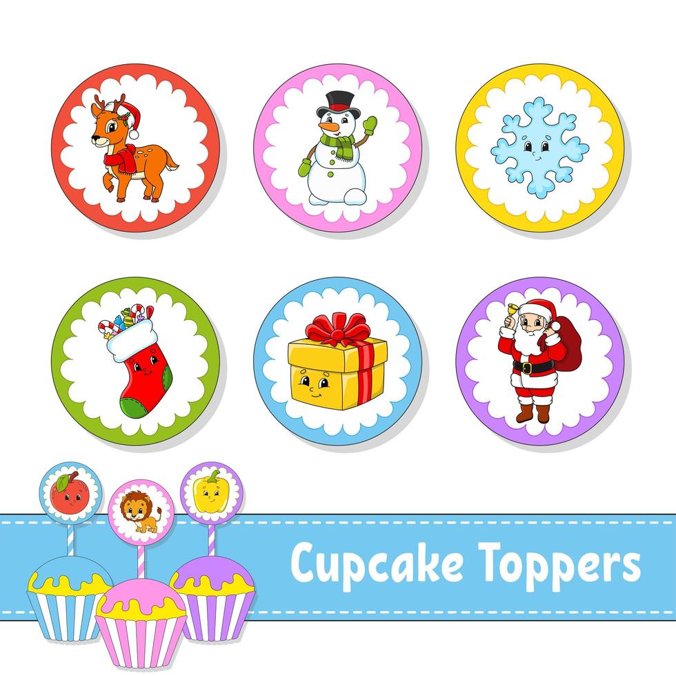 toppers per cupcake. set di sei immagini rotonde. tema natalizio. personaggi dei cartoni animati. immagine carina. per compleanni, feste, baby shower. vettore