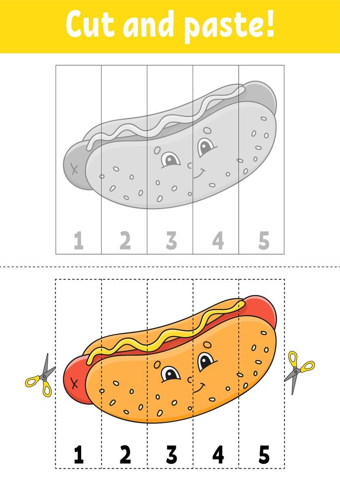 imparare i numeri 1-5. tagliare e incollare. personaggio dei cartoni animati. foglio di lavoro per lo sviluppo dell'istruzione. gioco per bambini. pagina delle attività. illustrazione vettoriale isolato di colore.