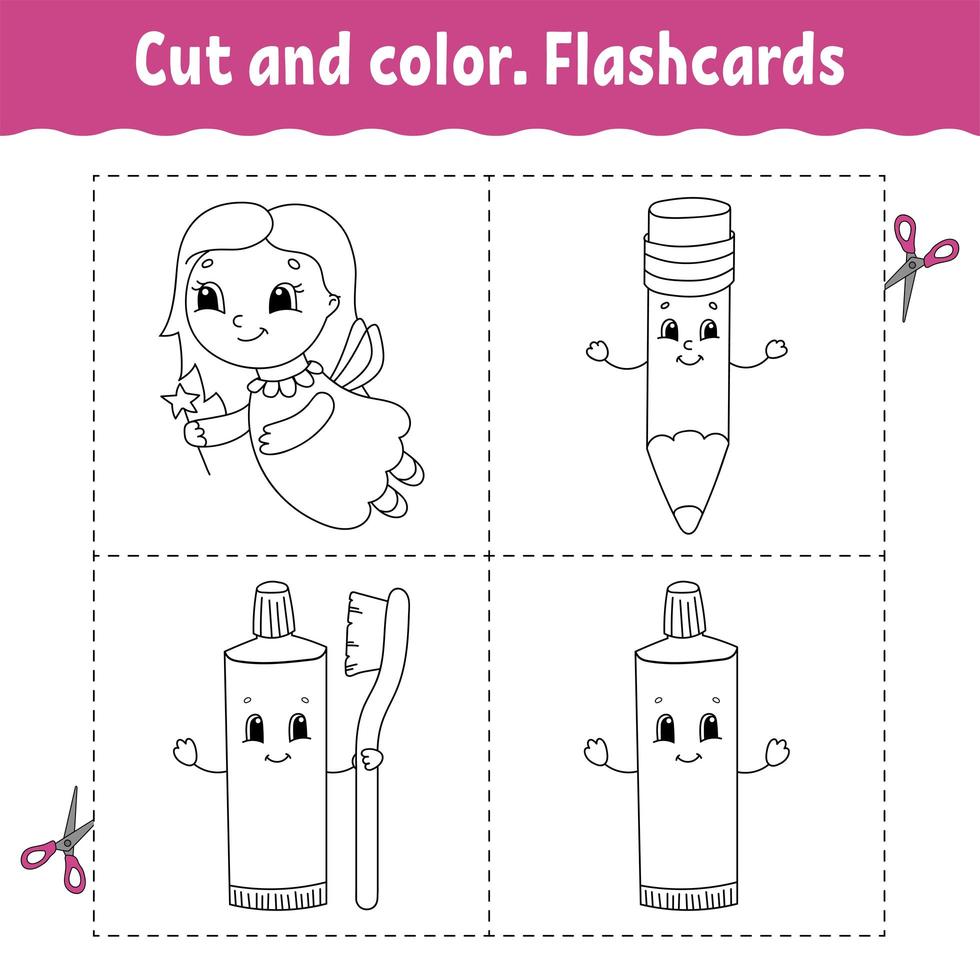 taglio e colore. insieme di schede flash. libro da colorare per bambini. personaggio dei cartoni animati. vettore