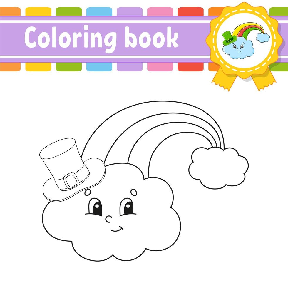 libro da colorare per bambini. arcobaleno nel cappello. carattere allegro. illustrazione vettoriale. stile cartone animato carino. sagoma di contorno nero. isolato su sfondo bianco. ns. giorno di patrizio. vettore