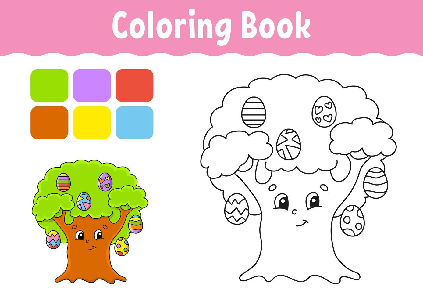 libro da colorare per bambini. albero delle uova di Pasqua. carattere allegro. illustrazione vettoriale. stile cartone animato carino. pagina di fantasia per bambini. sagoma di contorno nero. isolato su sfondo bianco. vettore