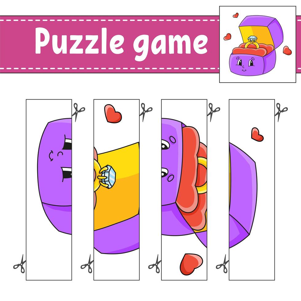 gioco di puzzle per bambini. pratica di taglio foglio di lavoro per lo sviluppo dell'istruzione. San Valentino. pagina di attività.personaggio dei cartoni animati. vettore