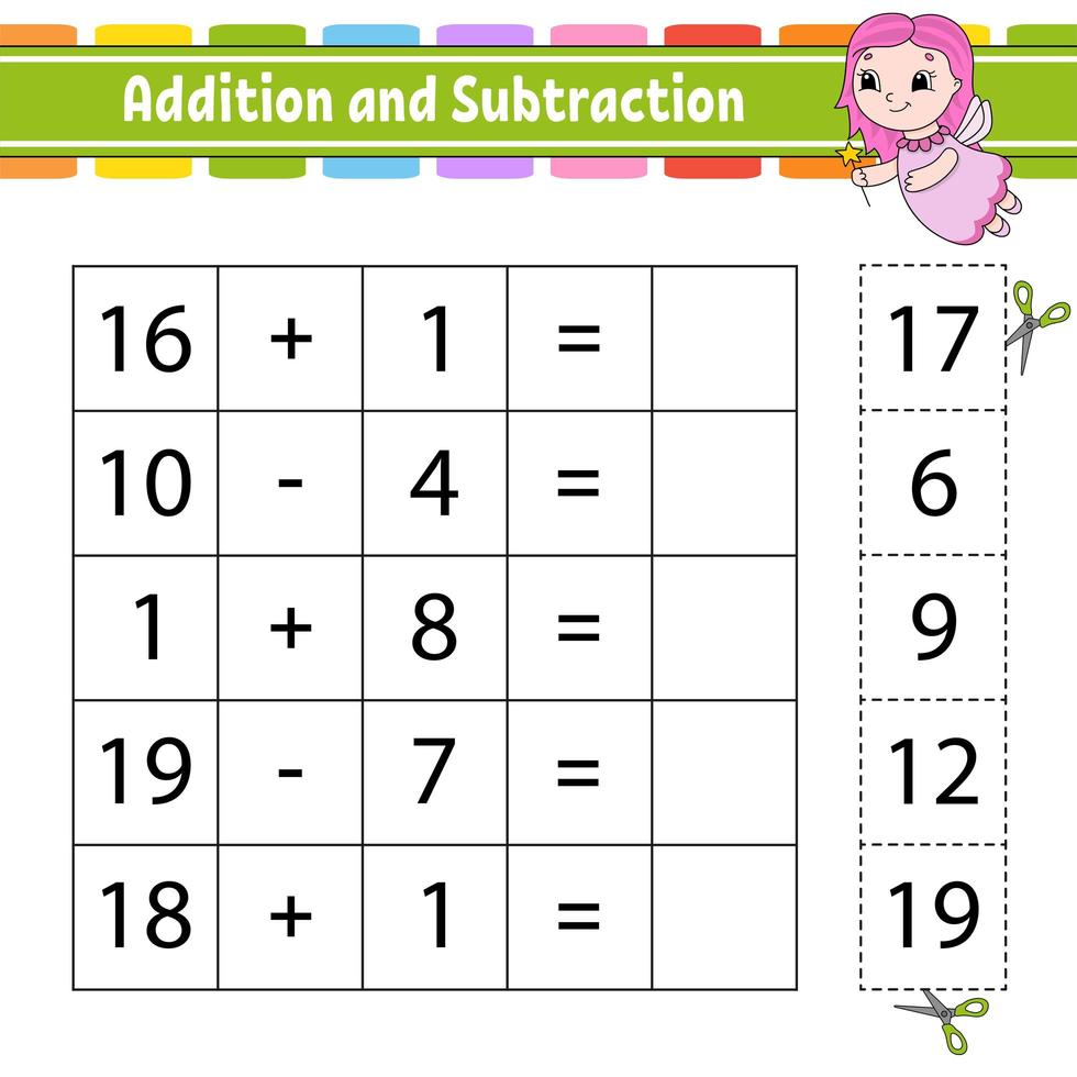 addizione e sottrazione. compito per i bambini. taglia e incolla. foglio di lavoro per lo sviluppo dell'istruzione. pagina delle attività. gioco per bambini. personaggio divertente. illustrazione vettoriale isolato. stile cartone animato.