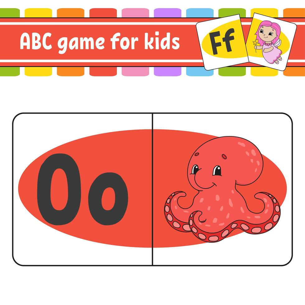 schede flash abc. polpo acquatico. alfabeto per bambini. lettere di apprendimento. foglio di lavoro educativo. pagina delle attività per lo studio dell'inglese. gioco di colori per bambini. illustrazione vettoriale isolato. stile cartone animato.