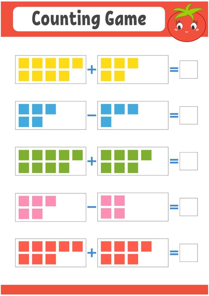 addizione e sottrazione. compito per i bambini. foglio di lavoro per lo sviluppo dell'istruzione. pagina di attività a colori. gioco per bambini. personaggio divertente. illustrazione vettoriale isolato. stile cartone animato.