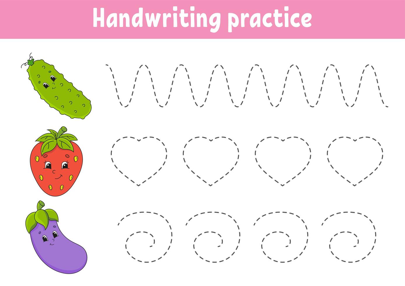 patto di scrittura a mano. foglio di lavoro per lo sviluppo dell'istruzione. pagina delle attività. frutta e verdura. gioco di colori per bambini. illustrazione vettoriale isolato. personaggio dei cartoni animati.