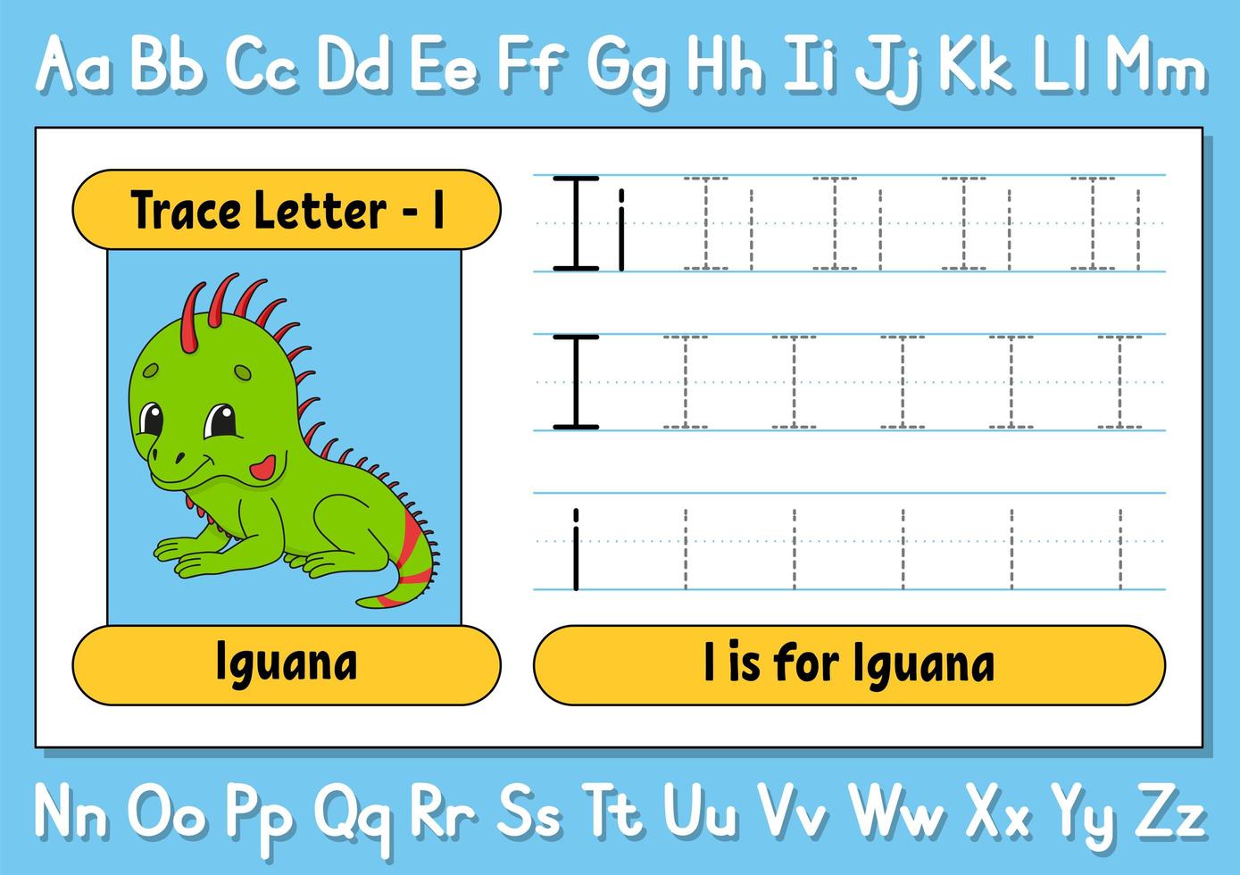 lettere traccia. Pratica di scrittura. foglio di lavoro di tracciamento per bambini. imparare l'alfabeto. simpatico personaggio. illustrazione vettoriale. stile cartone animato. vettore