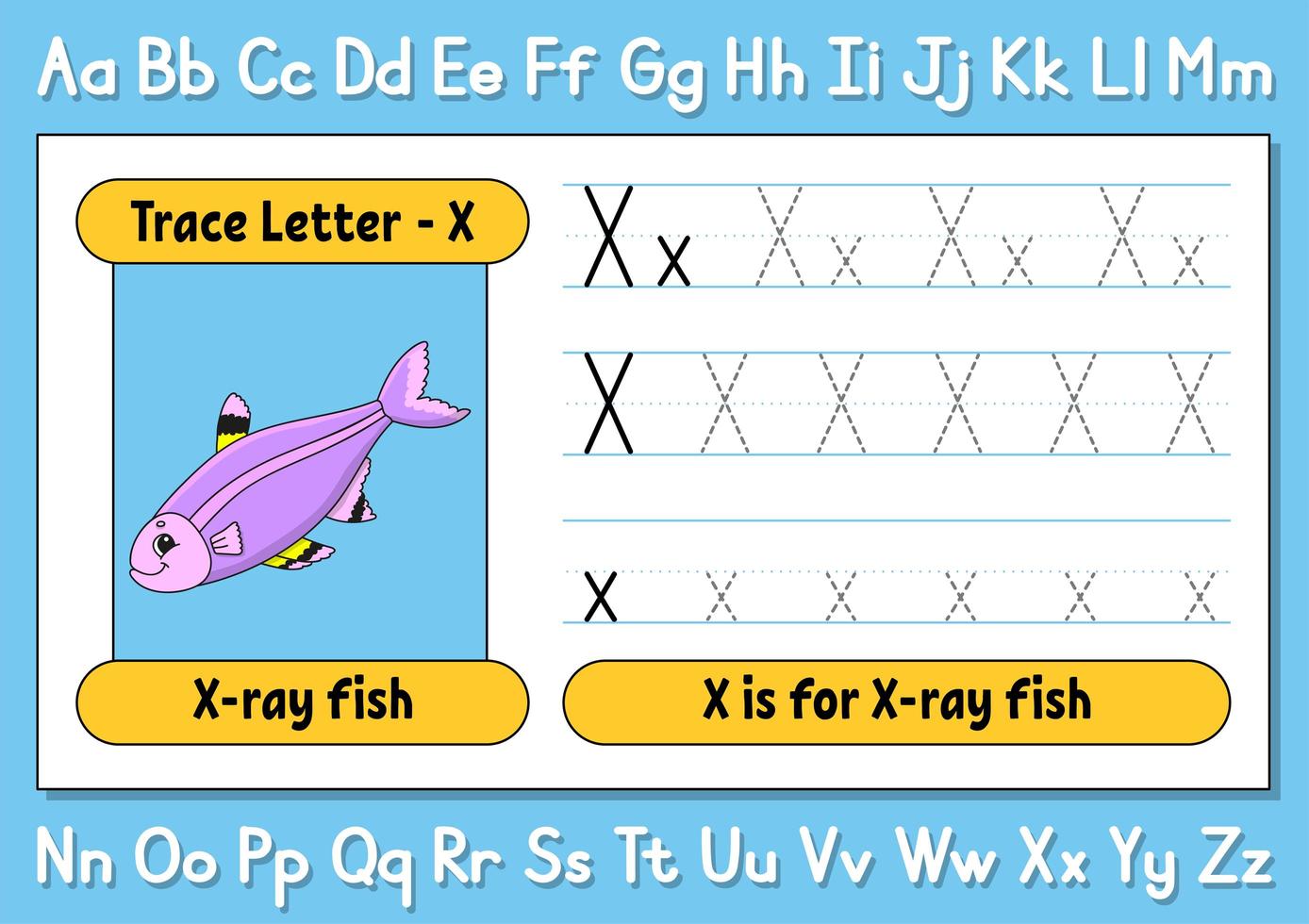 lettere traccia. Pratica di scrittura. foglio di lavoro di tracciamento per bambini. imparare l'alfabeto. simpatico personaggio. illustrazione vettoriale. stile cartone animato. vettore