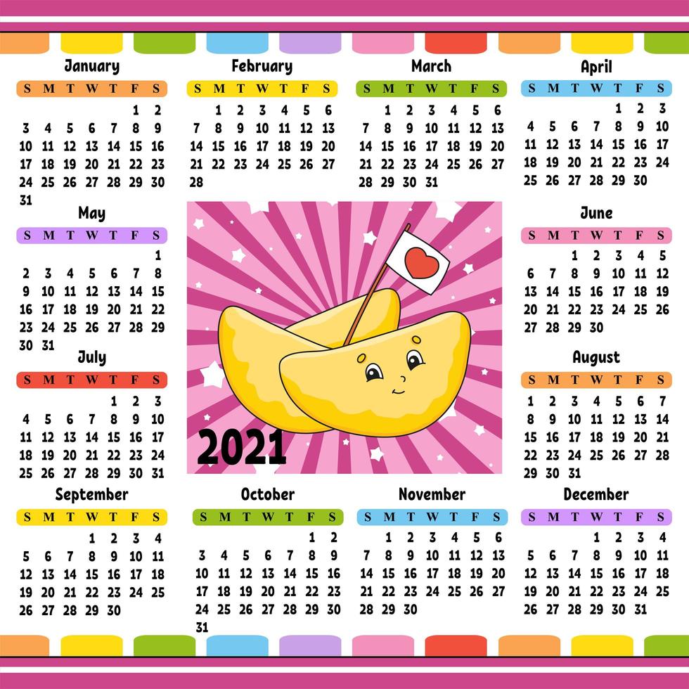 calendario per il 2021 con un simpatico personaggio. design divertente e luminoso. illustrazione vettoriale di colore isolato. stile cartone animato.